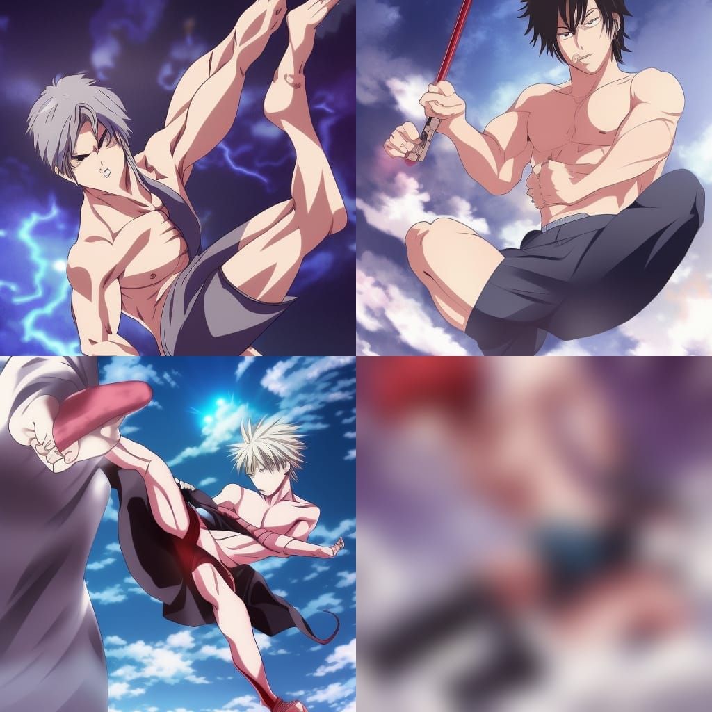 Shirtless Anime Hero Kicks Enemy in Manga Style