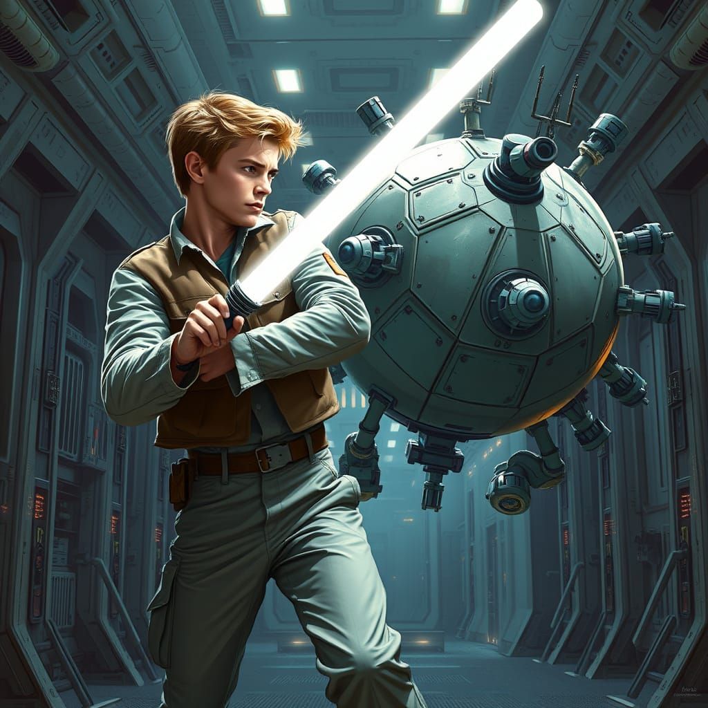 Lightsaber Duel in Starship Corridor, Hyper-Realistic Sci-Fi