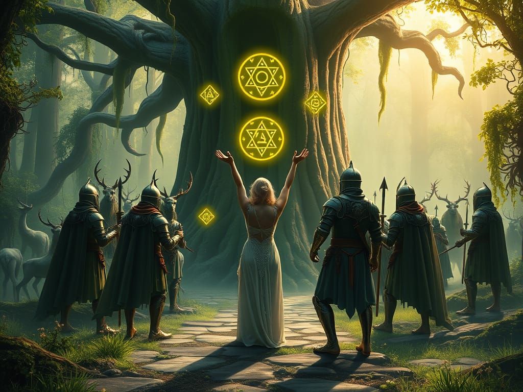 Druid Queen and Sentient Tree in Mystical Forest