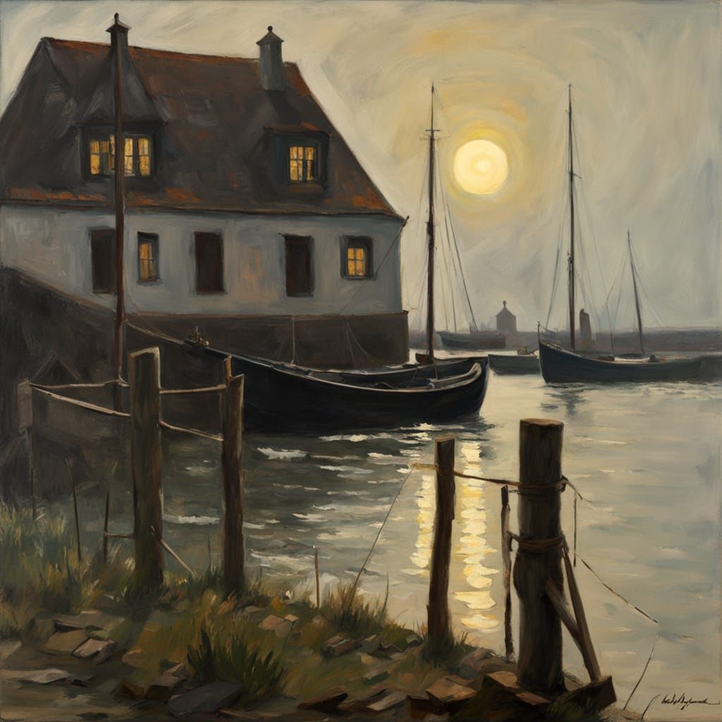 Old Cat by Moonlit Harbor Village: Oil Painting
