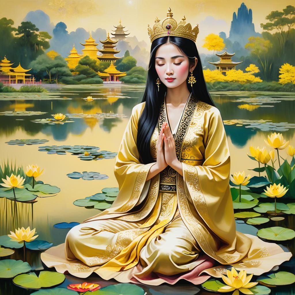 Asian Woman in Gold: Serene 3D Anime Art