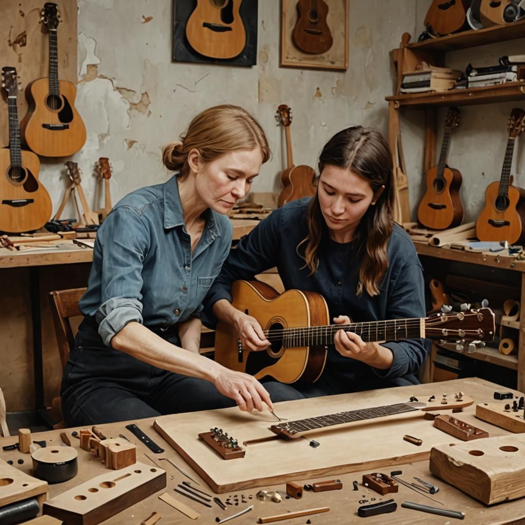 Luthier Teaching Apprentice in Oil Painting Style