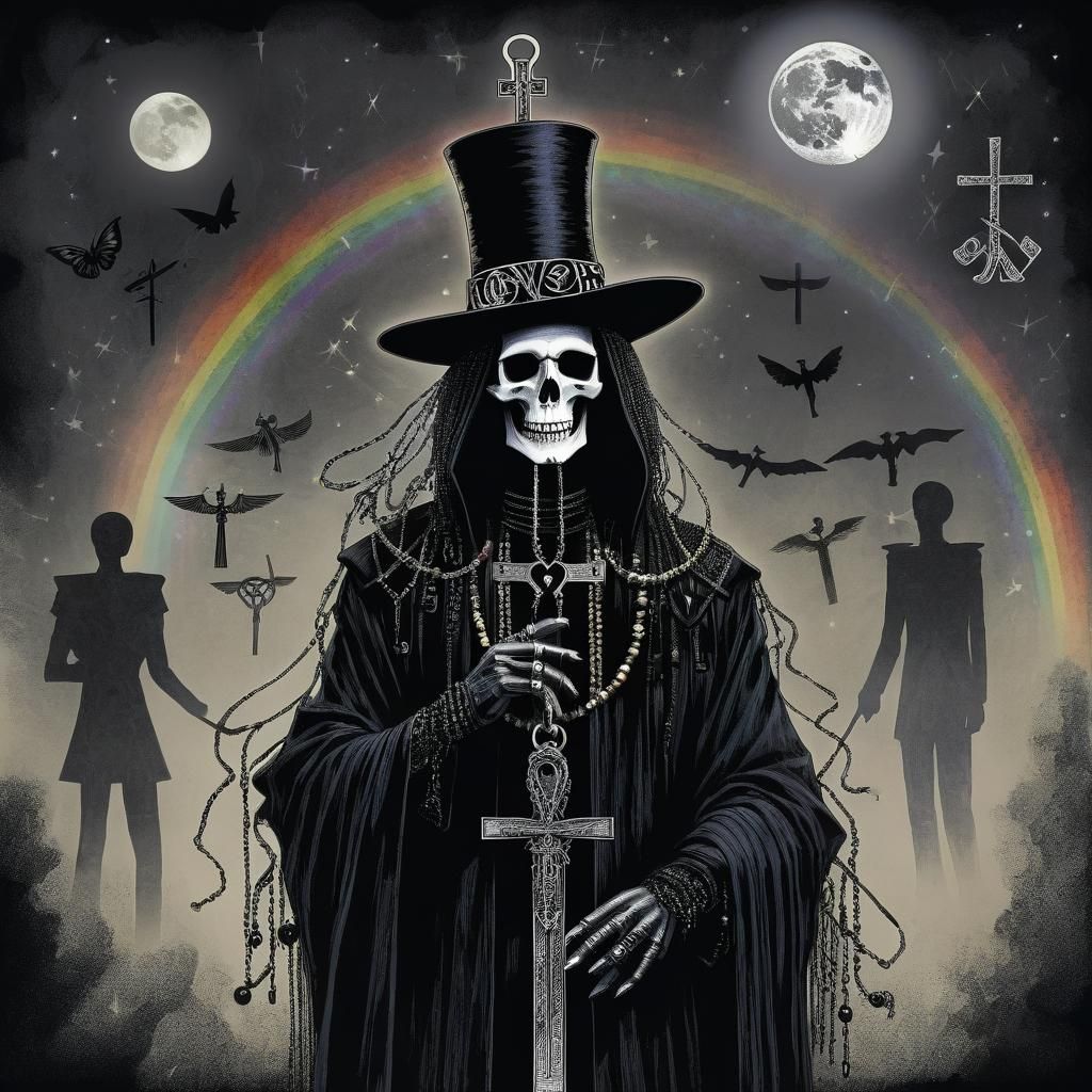 Gothic Death with Ankh Necklace, Crayon and Rayograph Art