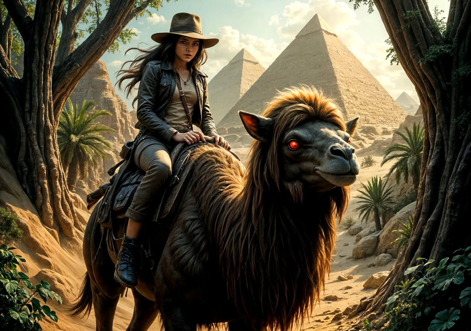 Girl on Demon Camel in Desert Landscape