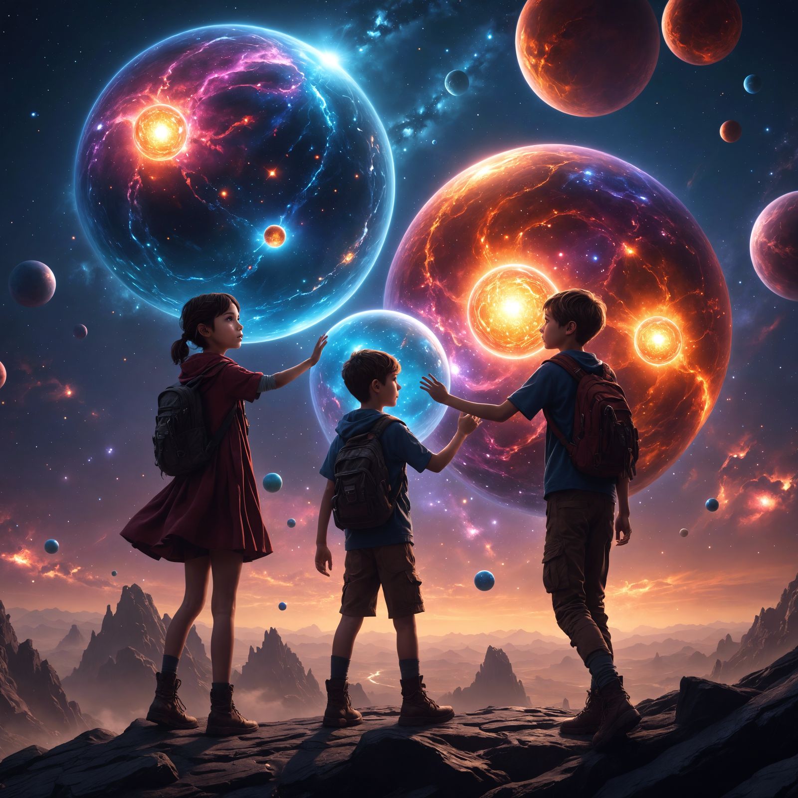 Children Holding Orbs in a Galaxy: Detailed Digital Art