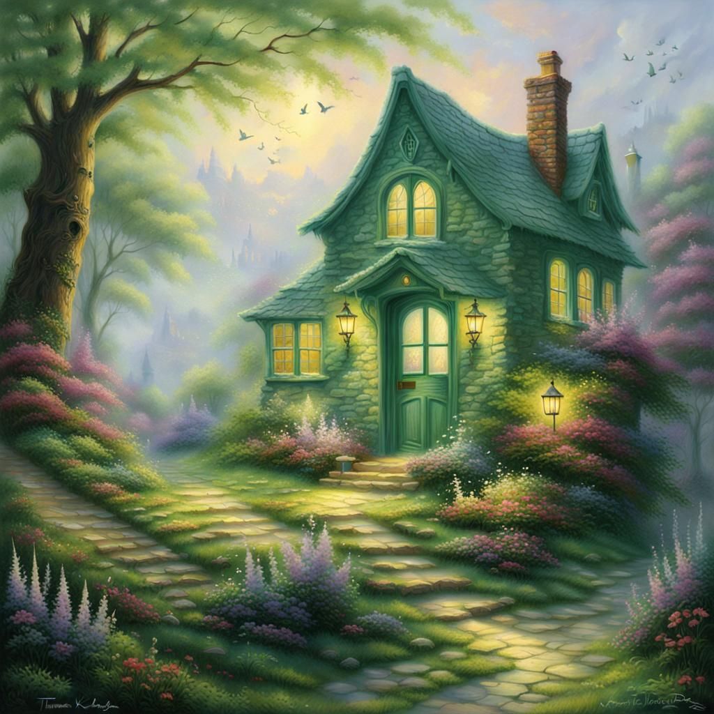Ethereal Green Door House in Kinkade Style