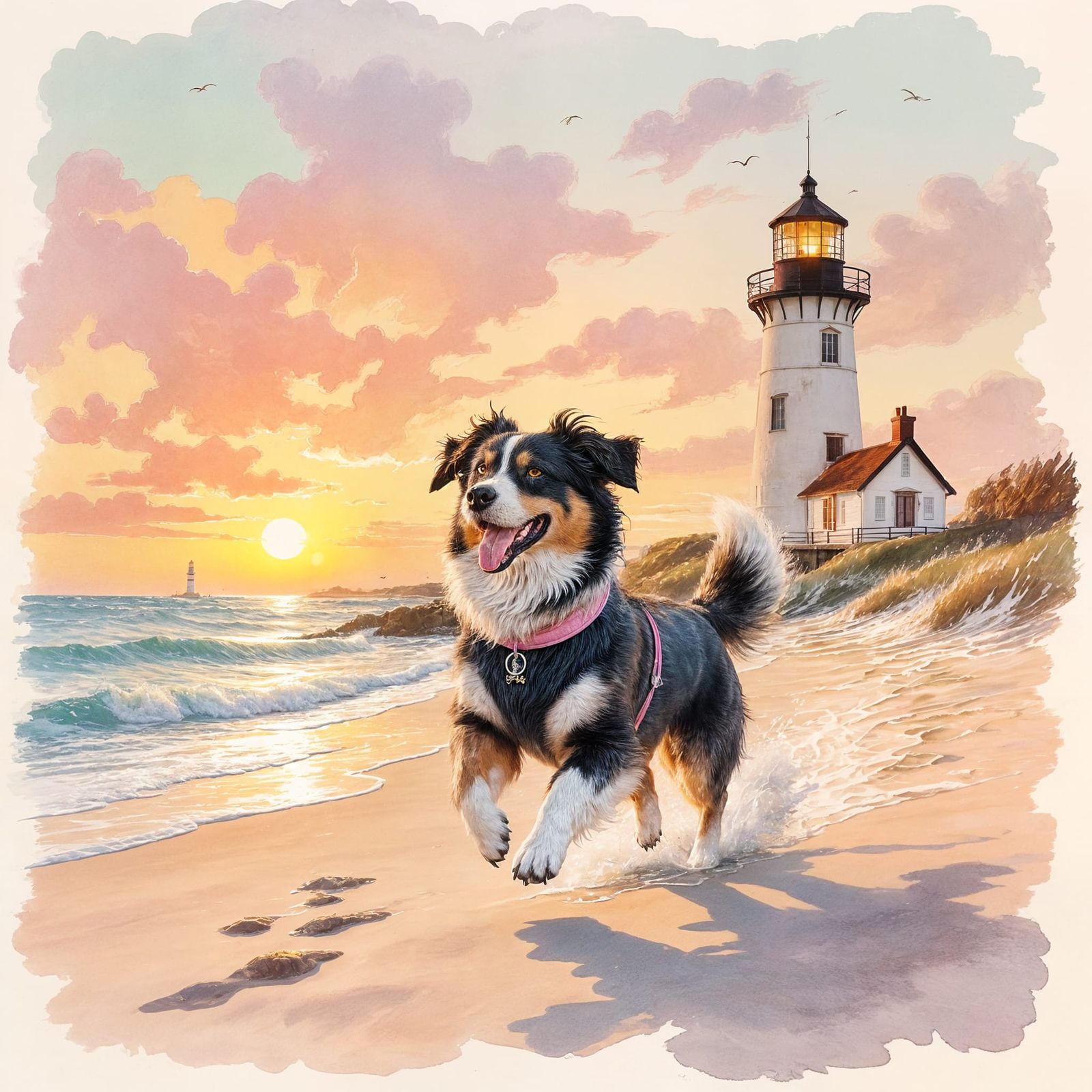 Dog Running on Beach at Sunset in Watercolor