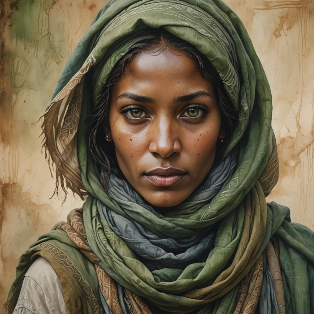 Watercolor Portrait of Touareg Woman with Piercing Eyes