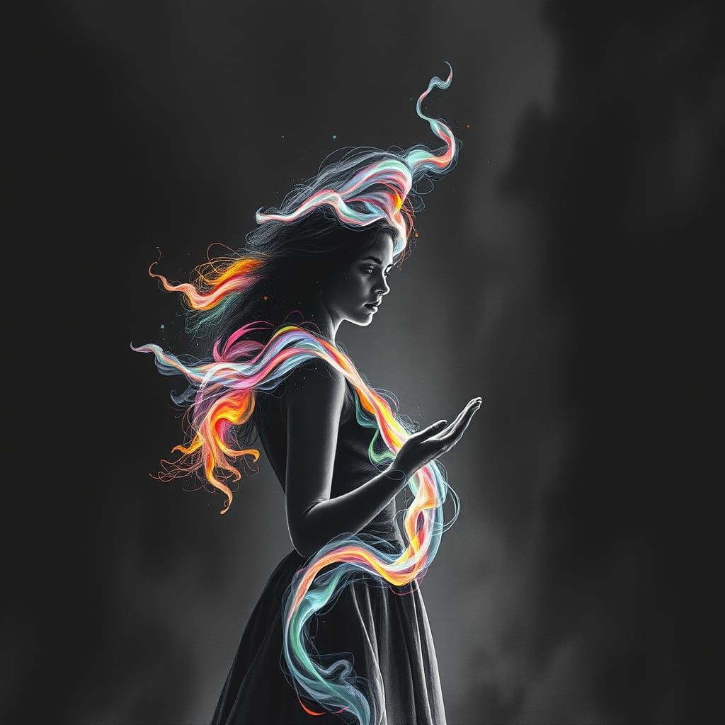 Ethereal Woman in Charcoal Illuminated by Dreamlike Light