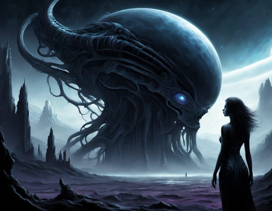 Woman with Stardust Hair Overlooking Alien World