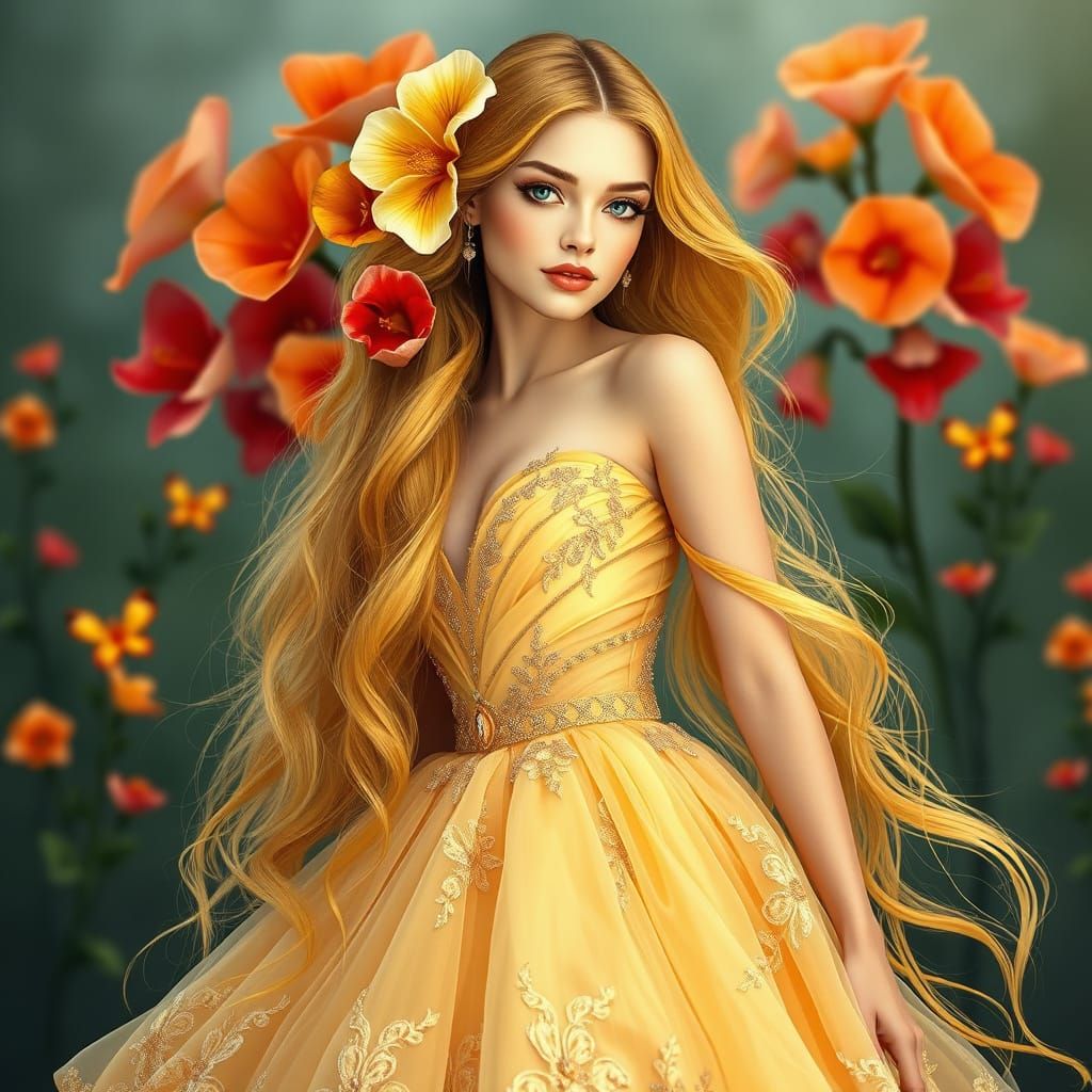 Calla Lily Girl in Opulent Gown, Digital Art