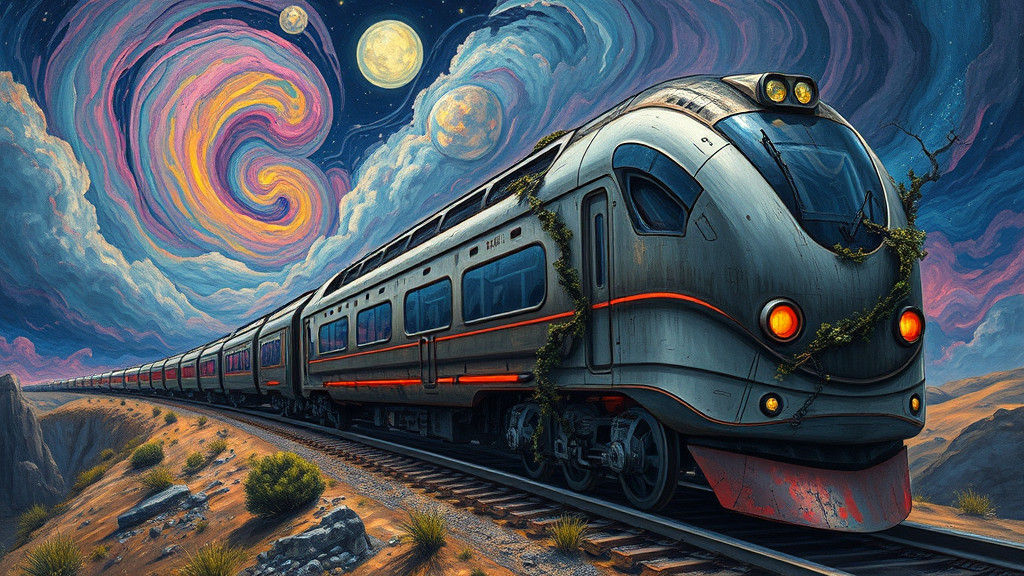 Futuristic Train in Dreamlike Landscape, Graphic Art Style