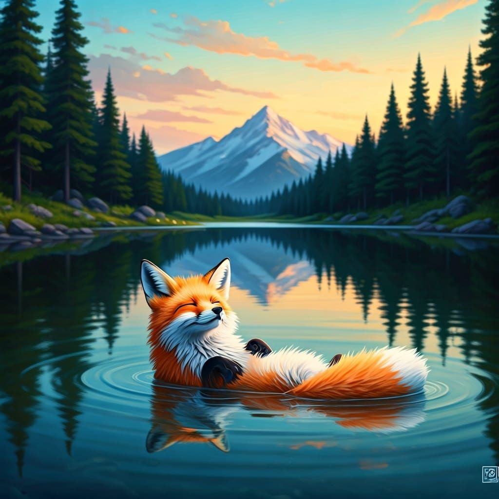 Fox in Mountain Lake: Watercolor Painting
