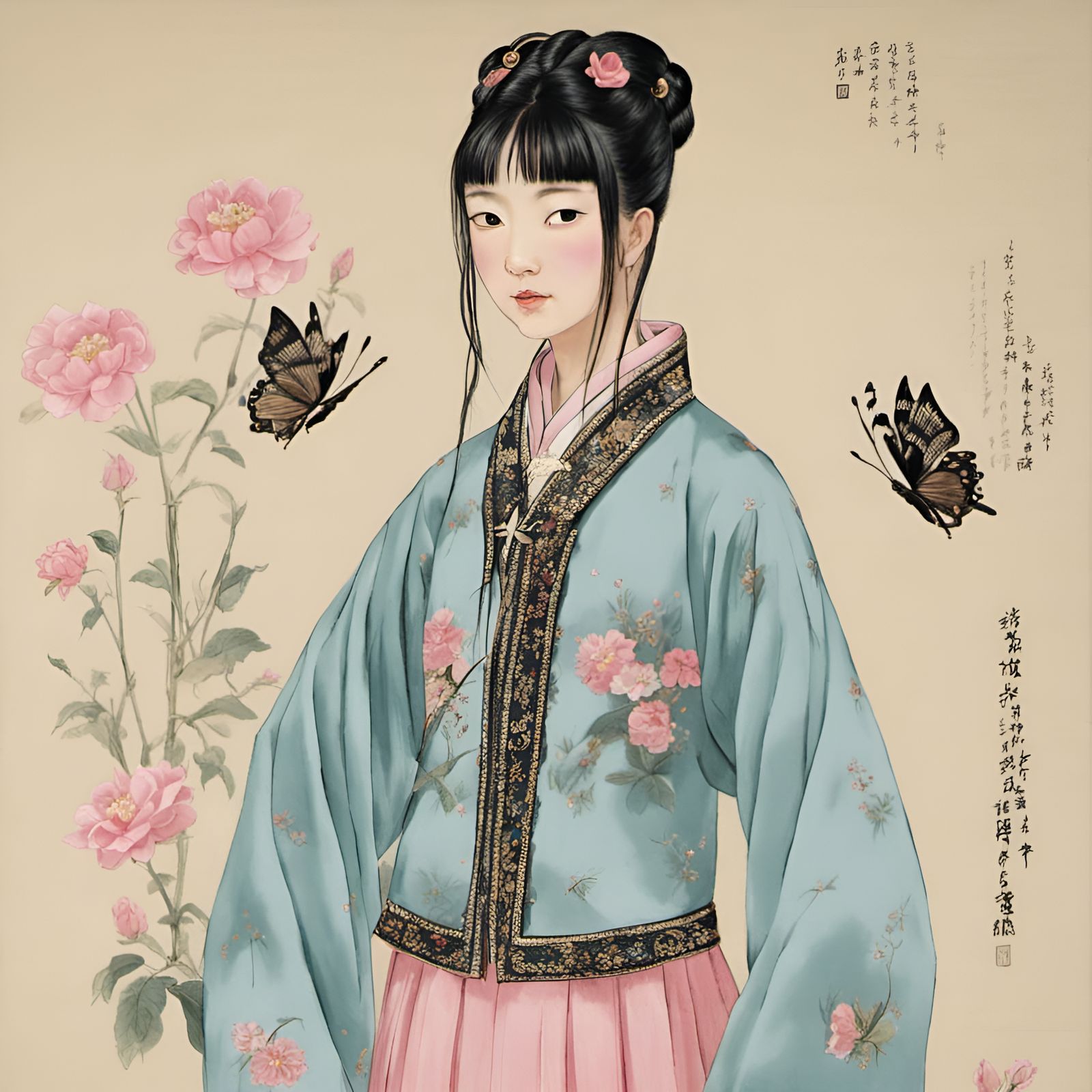 Chinese girl wore a duck-egg-blue jacket, its edges embroide...