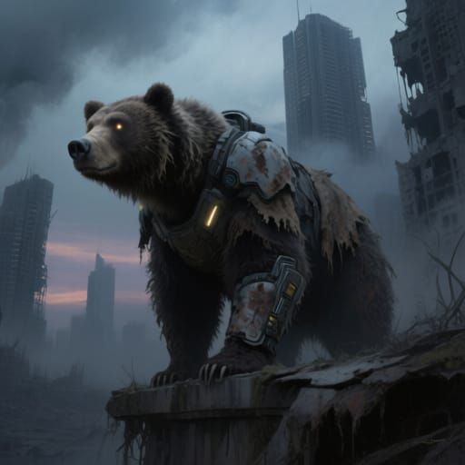 Grizzled Bear Guarding Ruined City in Matte Painting Style