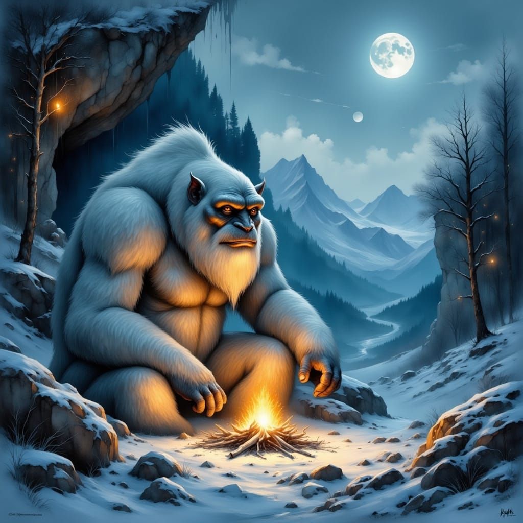 Surreal Yeti by Campfire in Mystic Cave Landscape