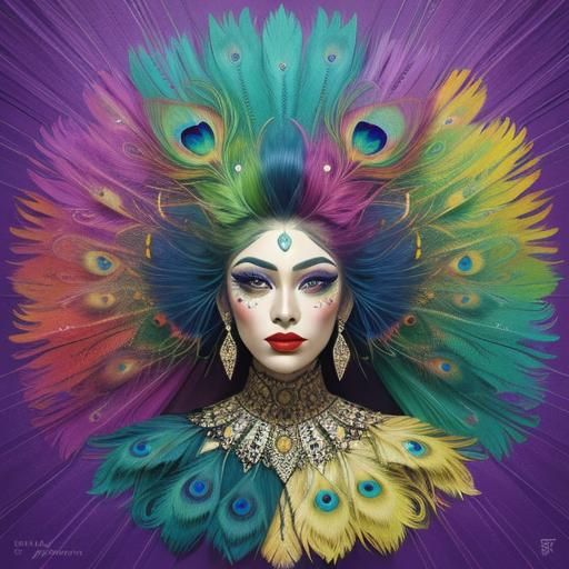 Abstract Portrait of Woman with Peacock Feather Hair