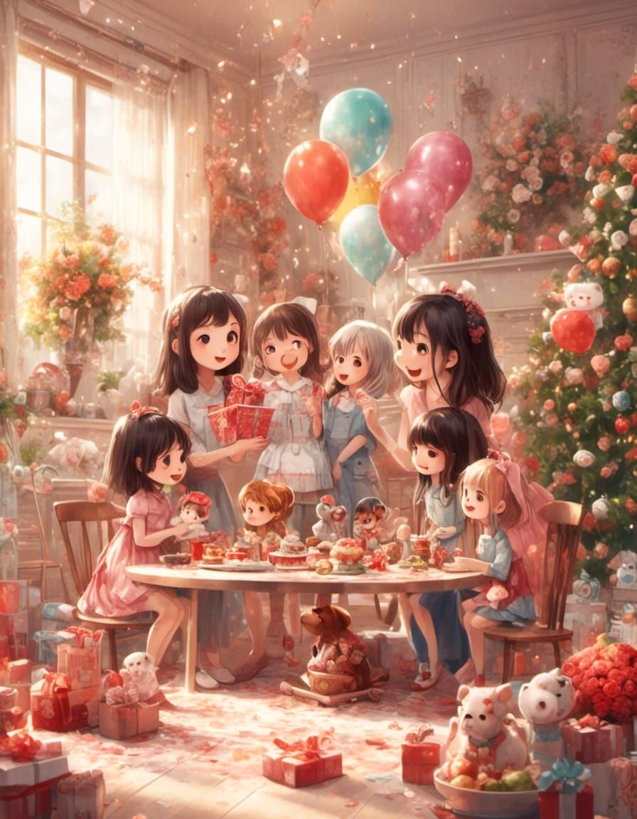 Family Day Celebration: Mother and Daughters in Anime Style