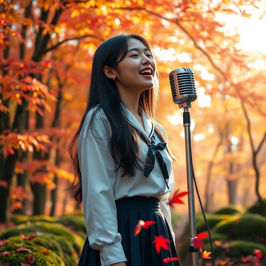 Serenely Singing Teen in Maple Forest Kyoto