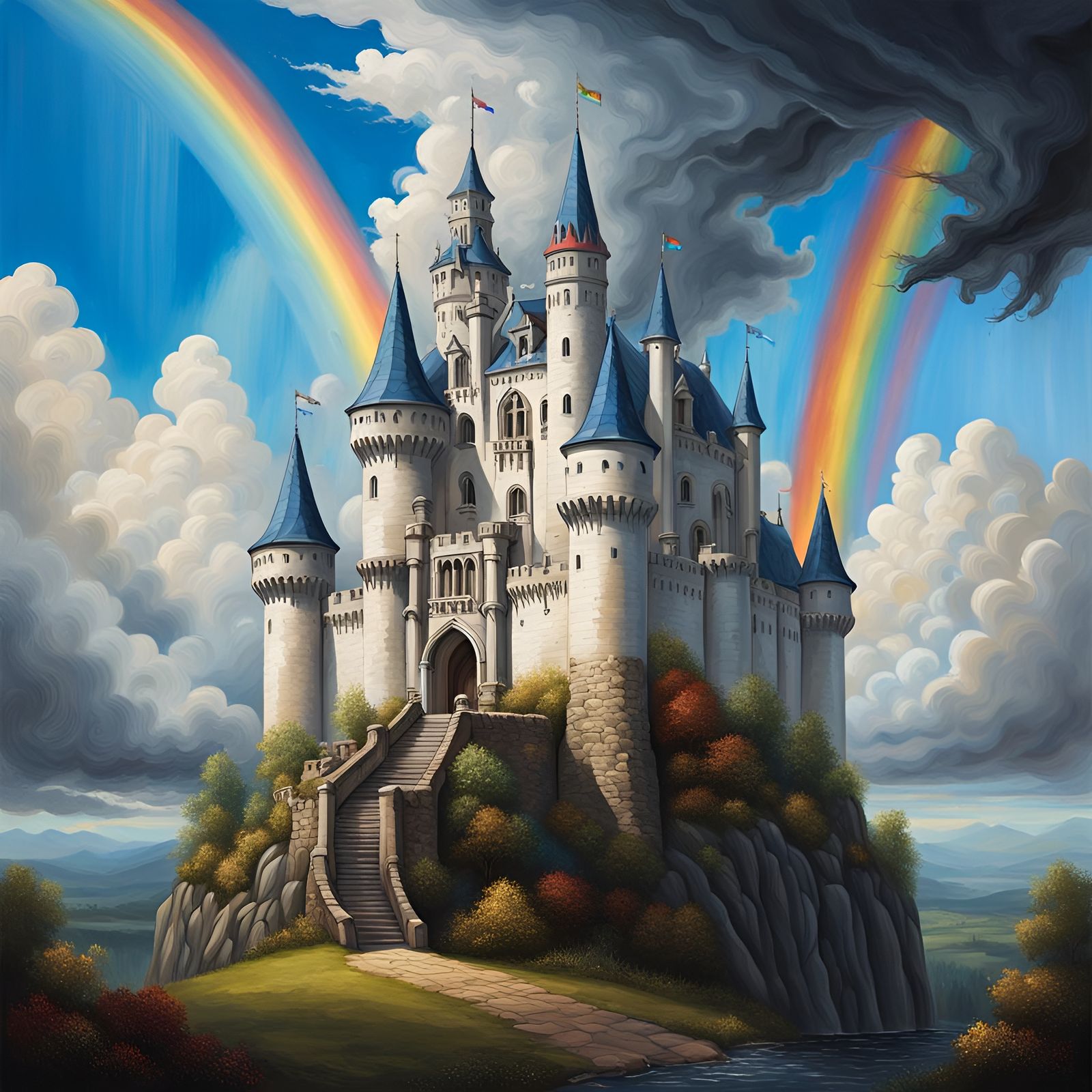 Medieval Castle on Clouds in Gouache Style