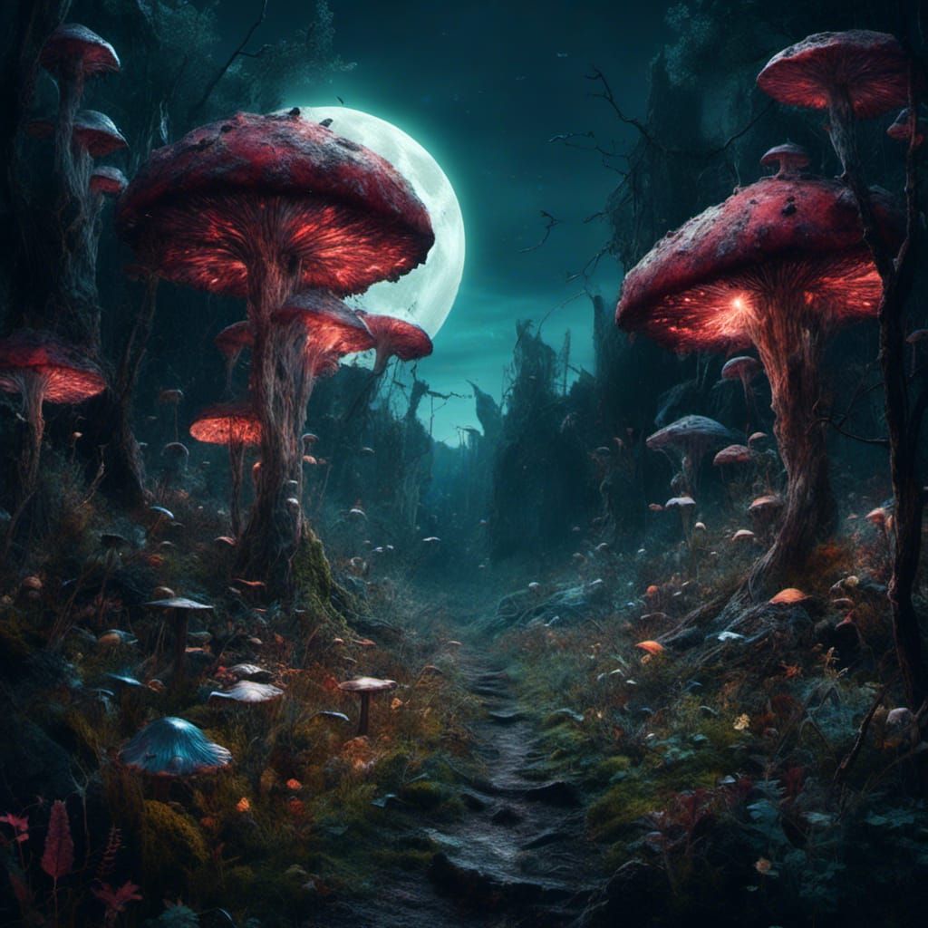 Luminous Mushrooms in a Dark Fantasy Grove