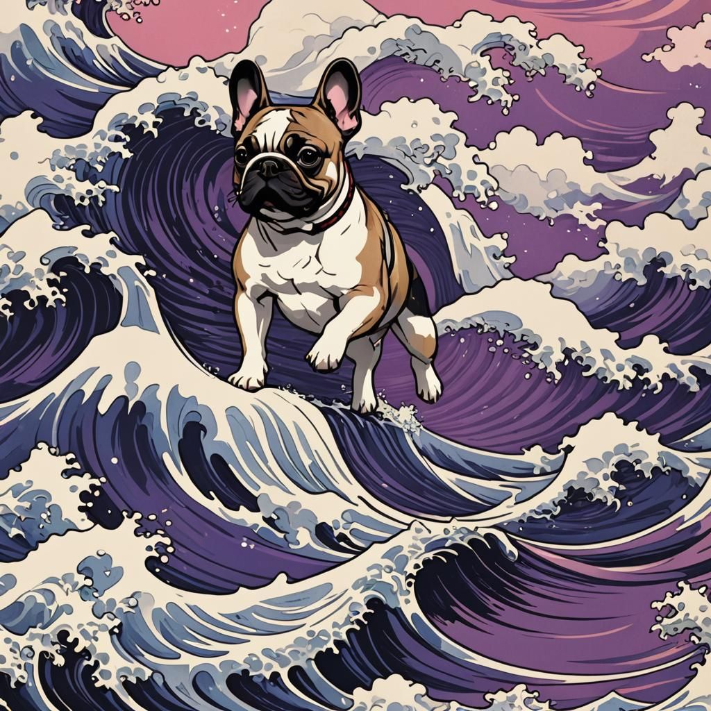 French Bulldog Surfing Wave in 16-bit Pixel Art