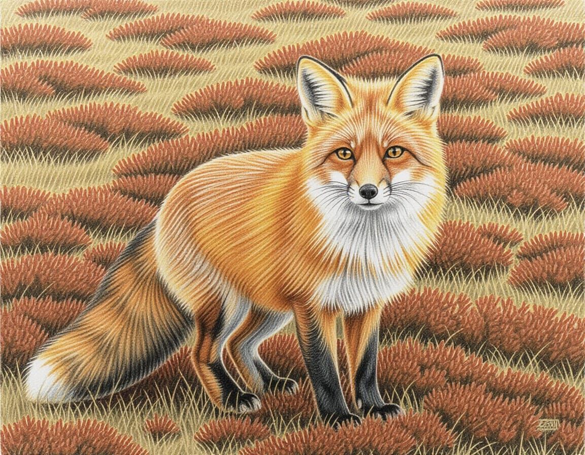 Colored Pencil Drawing of a Fox in the Heath