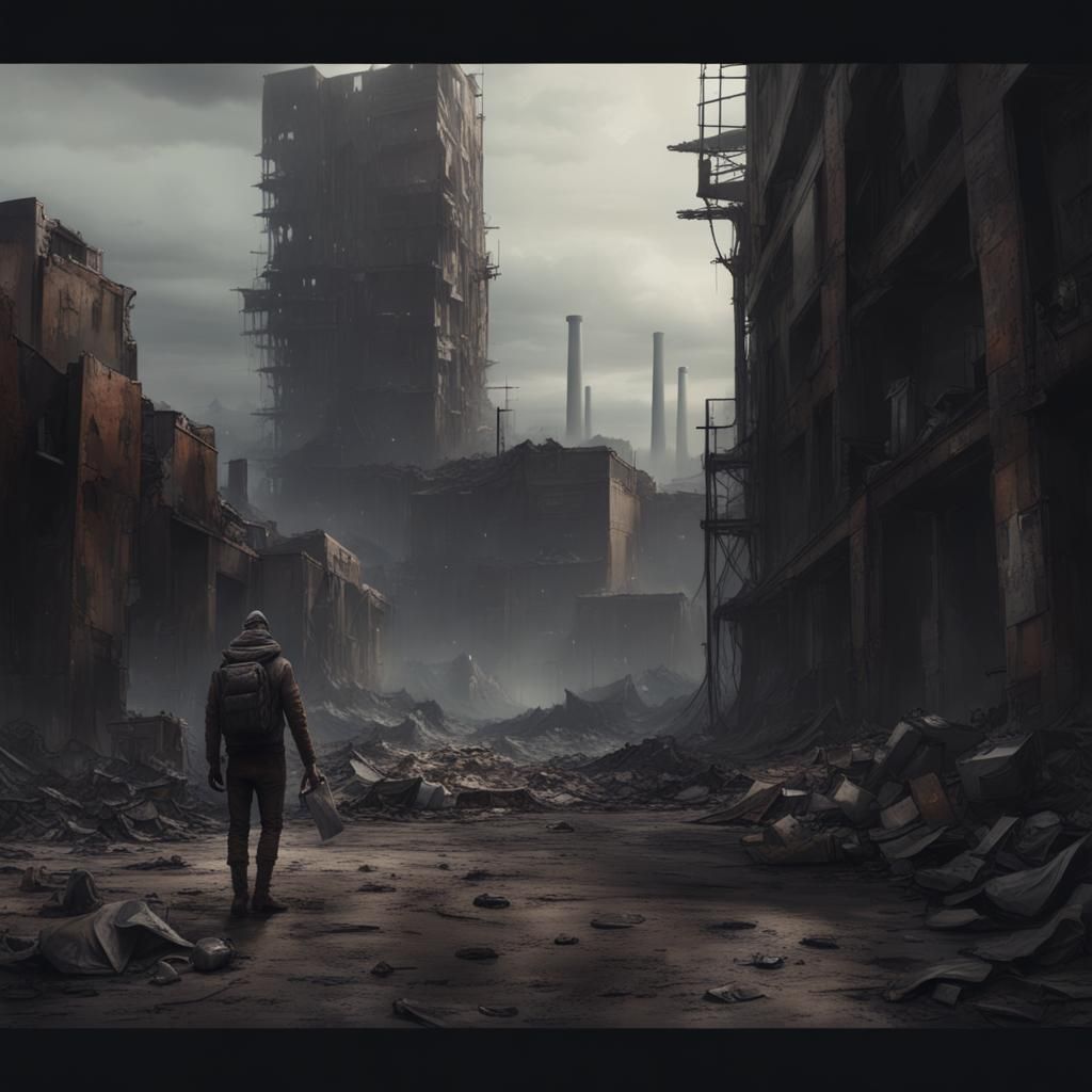 Dystopian Wasteland: Alien Scavenger in Industrial Ruins