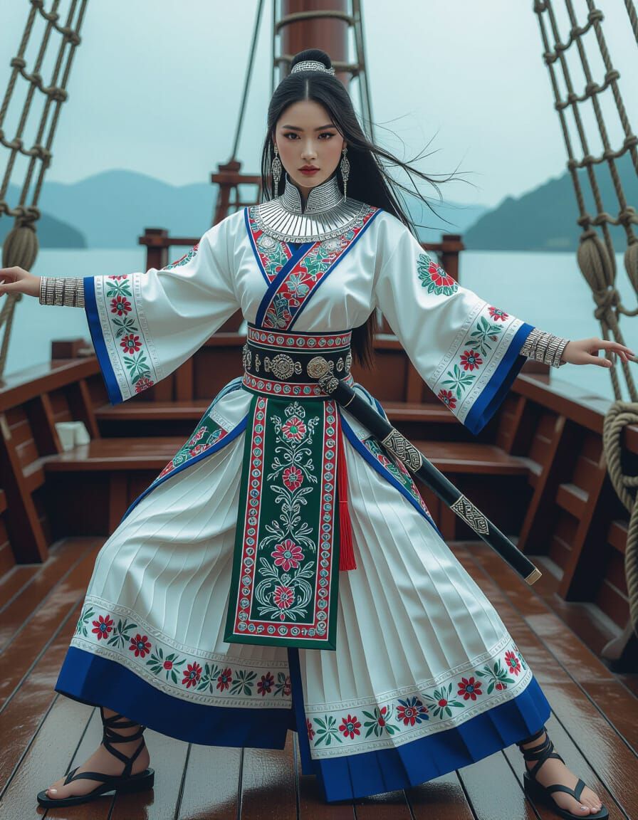 Hmong Ninja on Pirate Ship in Art Nouveau Style