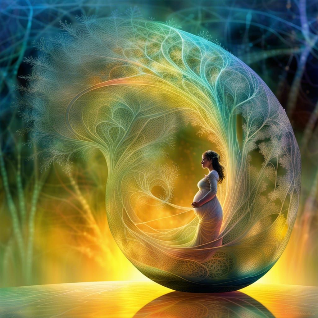 Pregnant Woman in Fractal Forest: Suminagashi Style