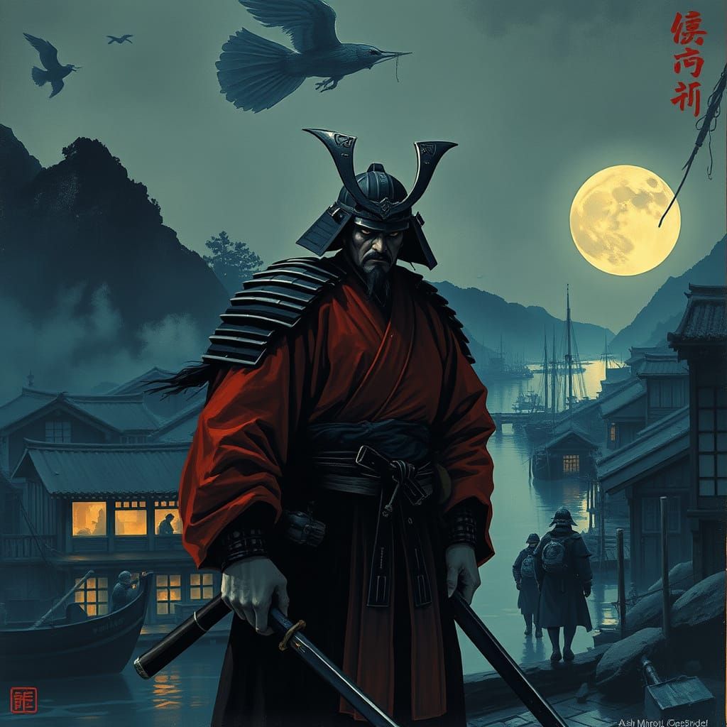 Shogun Inspects Noir Fishing Village in Ukiyo-e Style