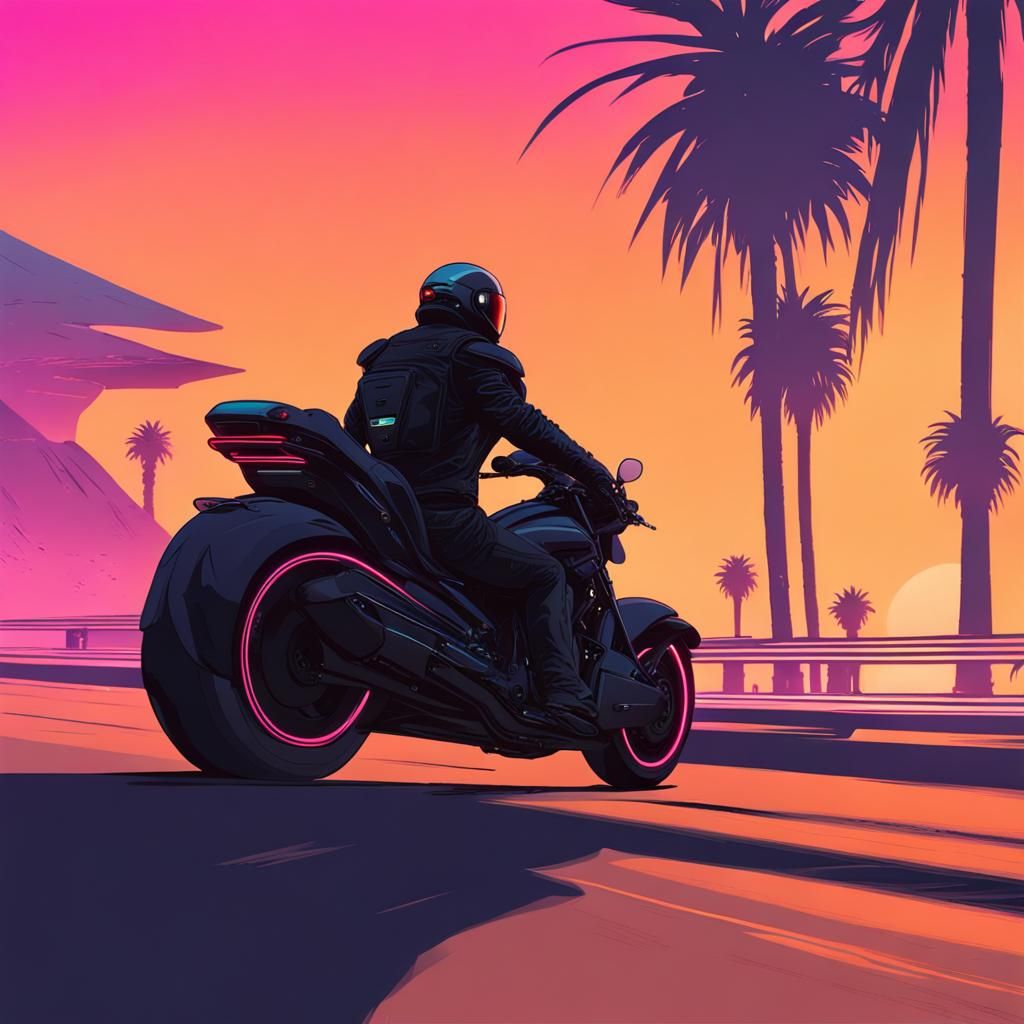Cyberpunk Motorbiker on Coastal Highway at Sunset
