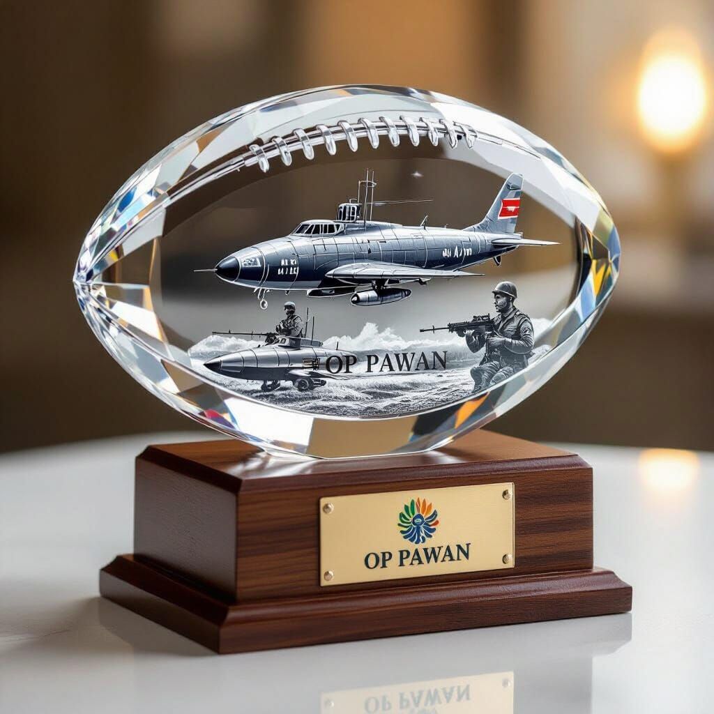 Crystal Rugby Trophy Featuring Indian Military Etchings