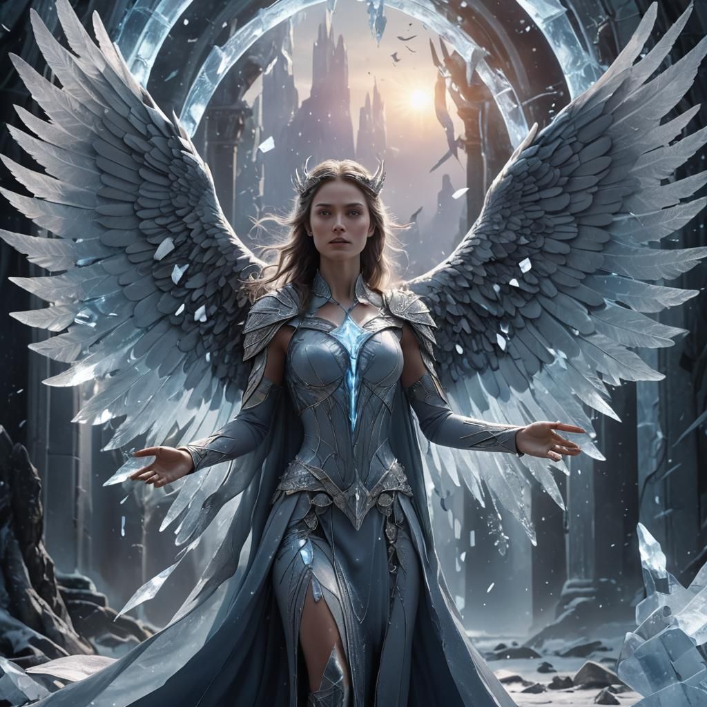 Icy Winged Woman in Shattered Mirror Landscape