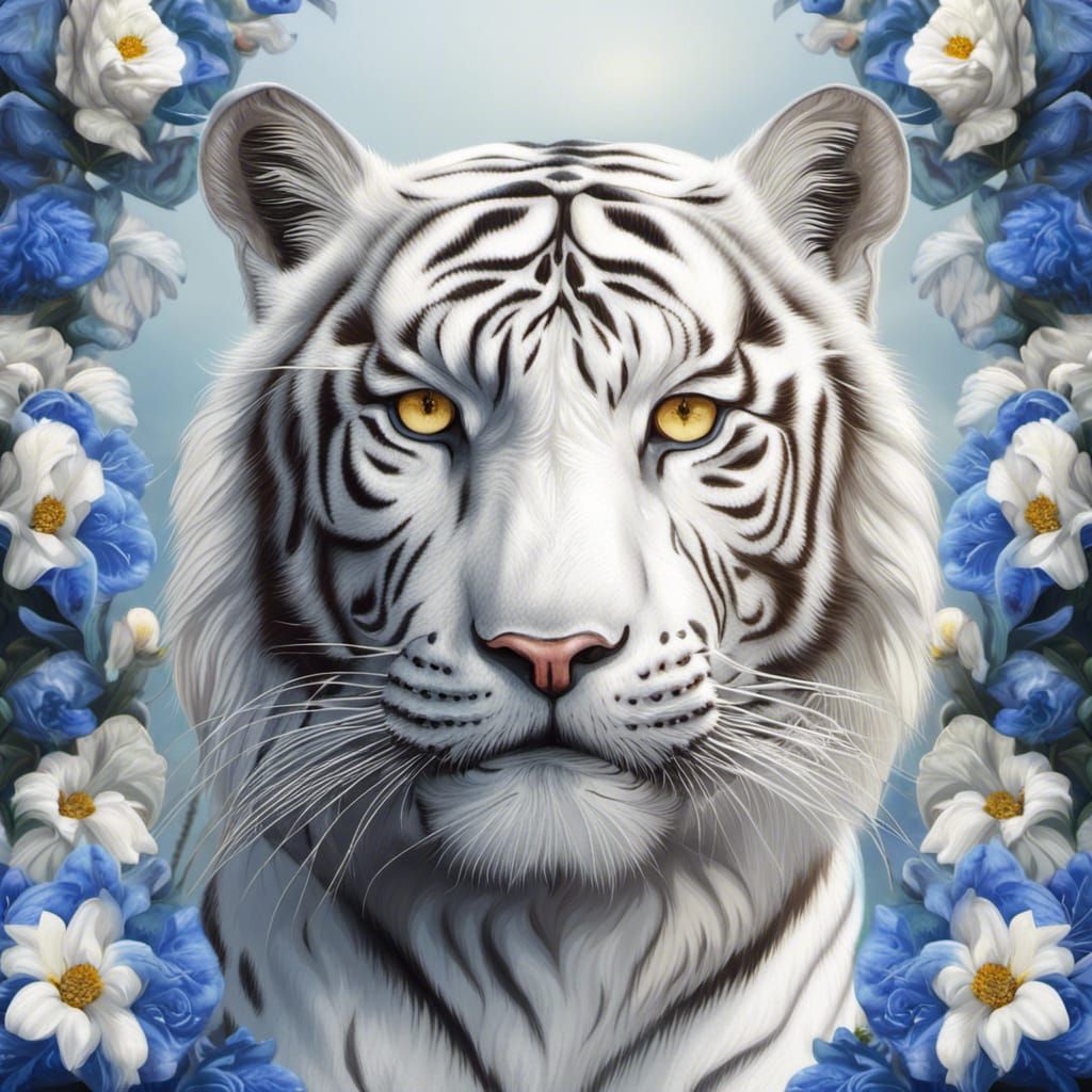 Majestic White Tiger with Blue Floral Crown