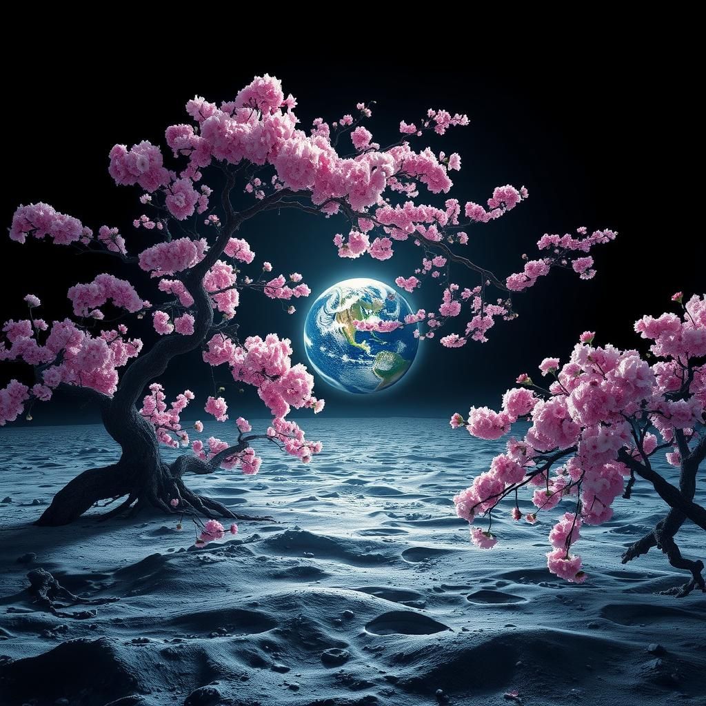 Cherry Blossom Lunar Landscape in Dreamlike Style