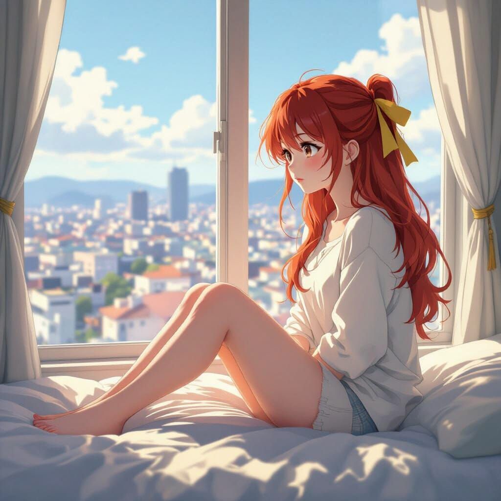 Girl with Red Hair Gazing at Cityscape in Anime Style