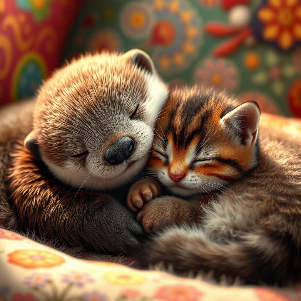 Peaceful Otter and Kitten Embracing in a Whimsical Scene