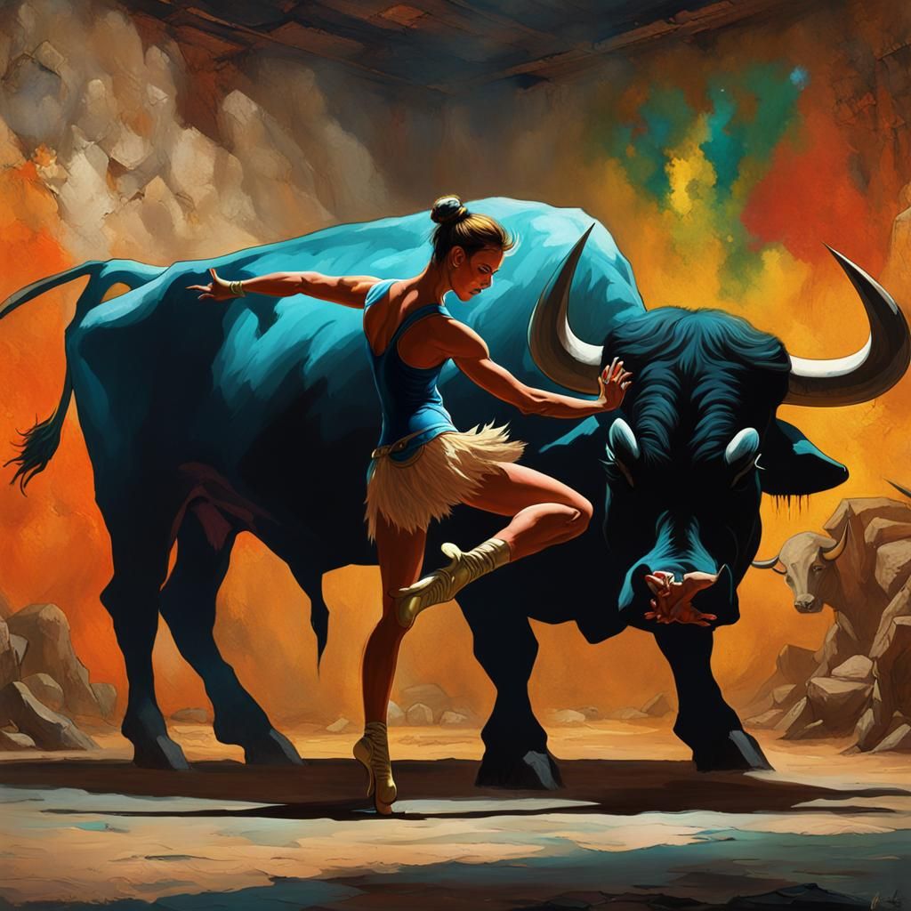 a dancer vaults over a bull in a painting in the style of Frank Frazetta,...