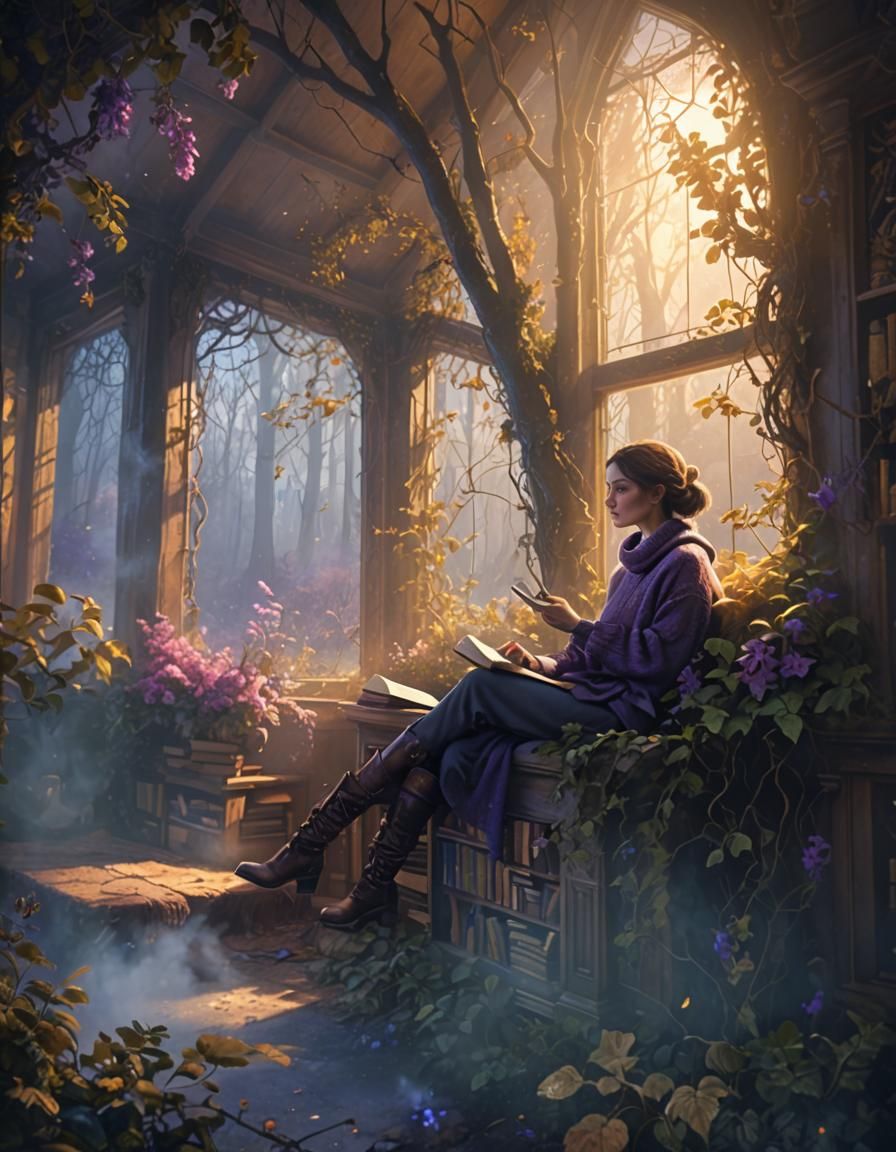 Mystical Forest Reading Scene in Magic Realism Style
