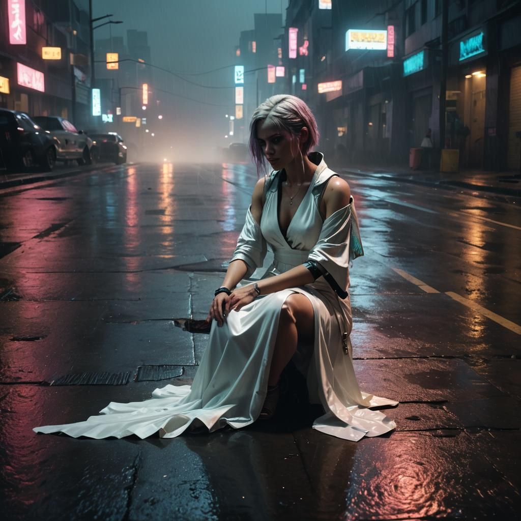 Fallen Angel in Cyberpunk Cityscape
