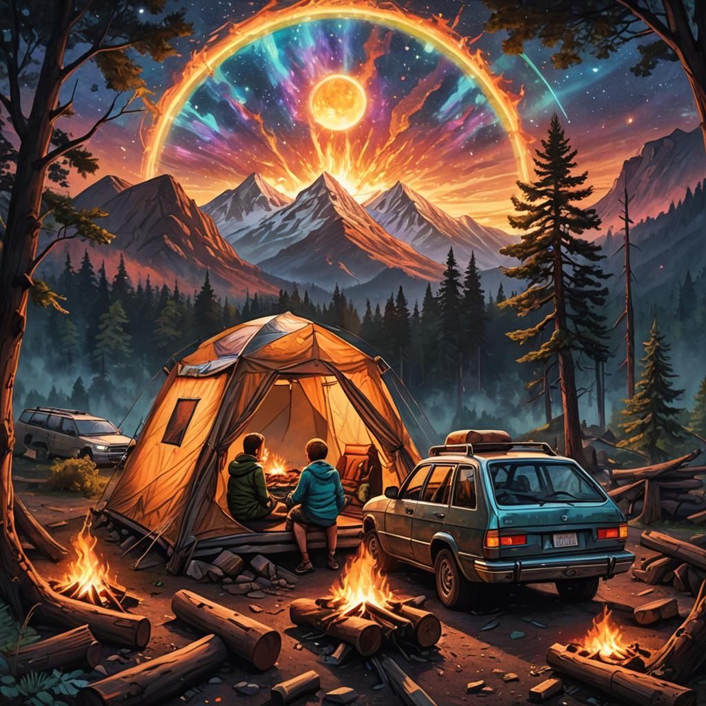 Boys Camping at Sunset: Astral Cosmic Illustration