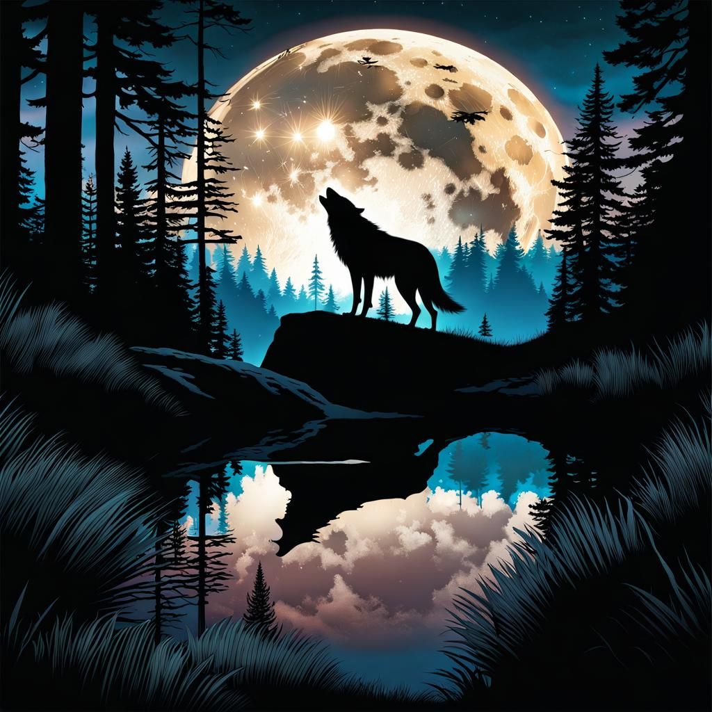 Wolf Silhouette Double Exposure Under Moon