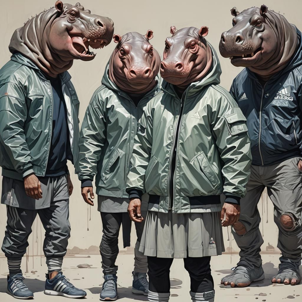 Sinister Anthropomorphic Hippos in Adidas Jackets
