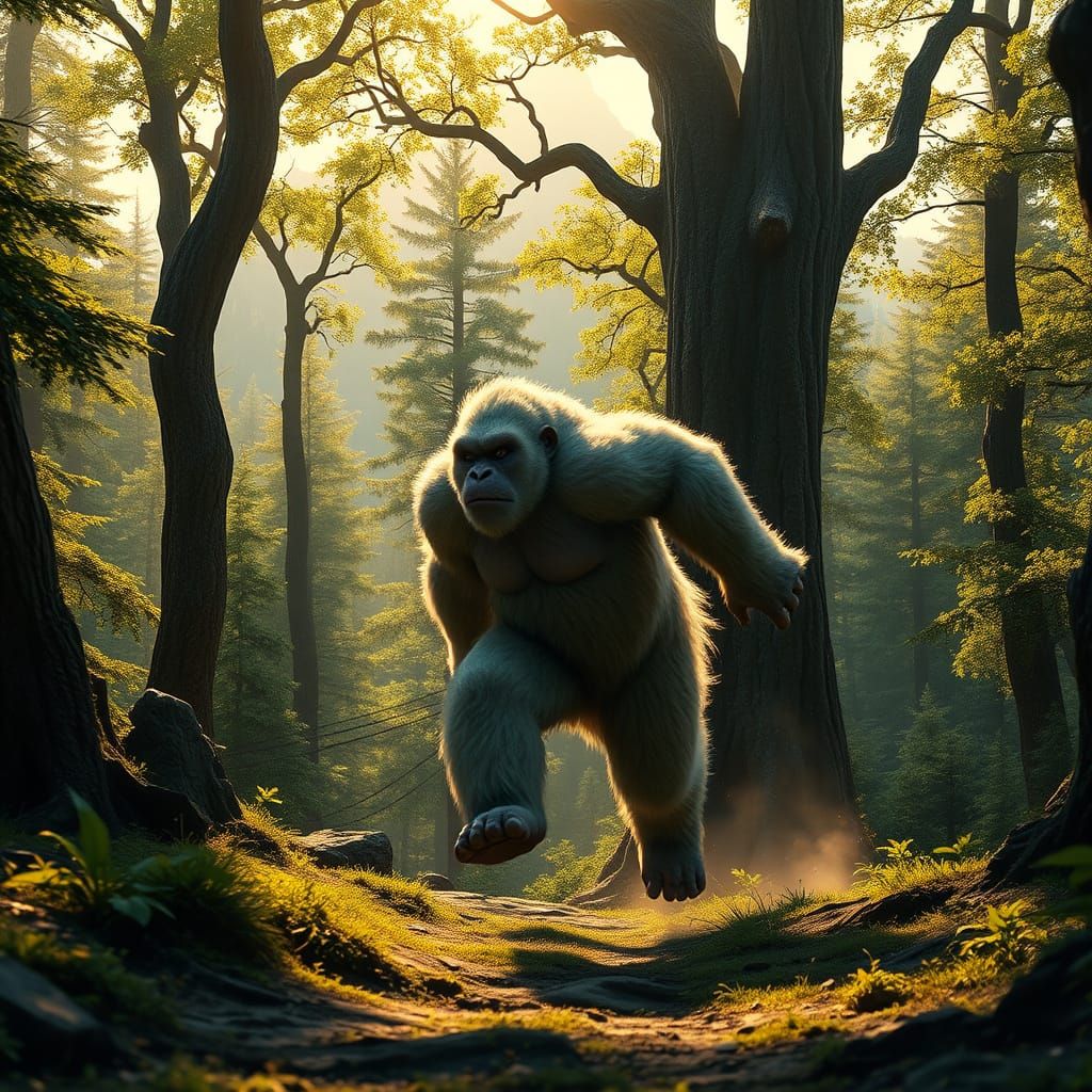 Majestic Yeti Runs Through Enchanted Forest
