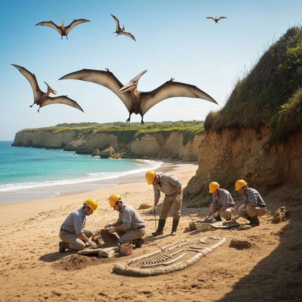 Pterodactyls flying over modern day paleantologists unearthing fossils on the Jurassic Coast