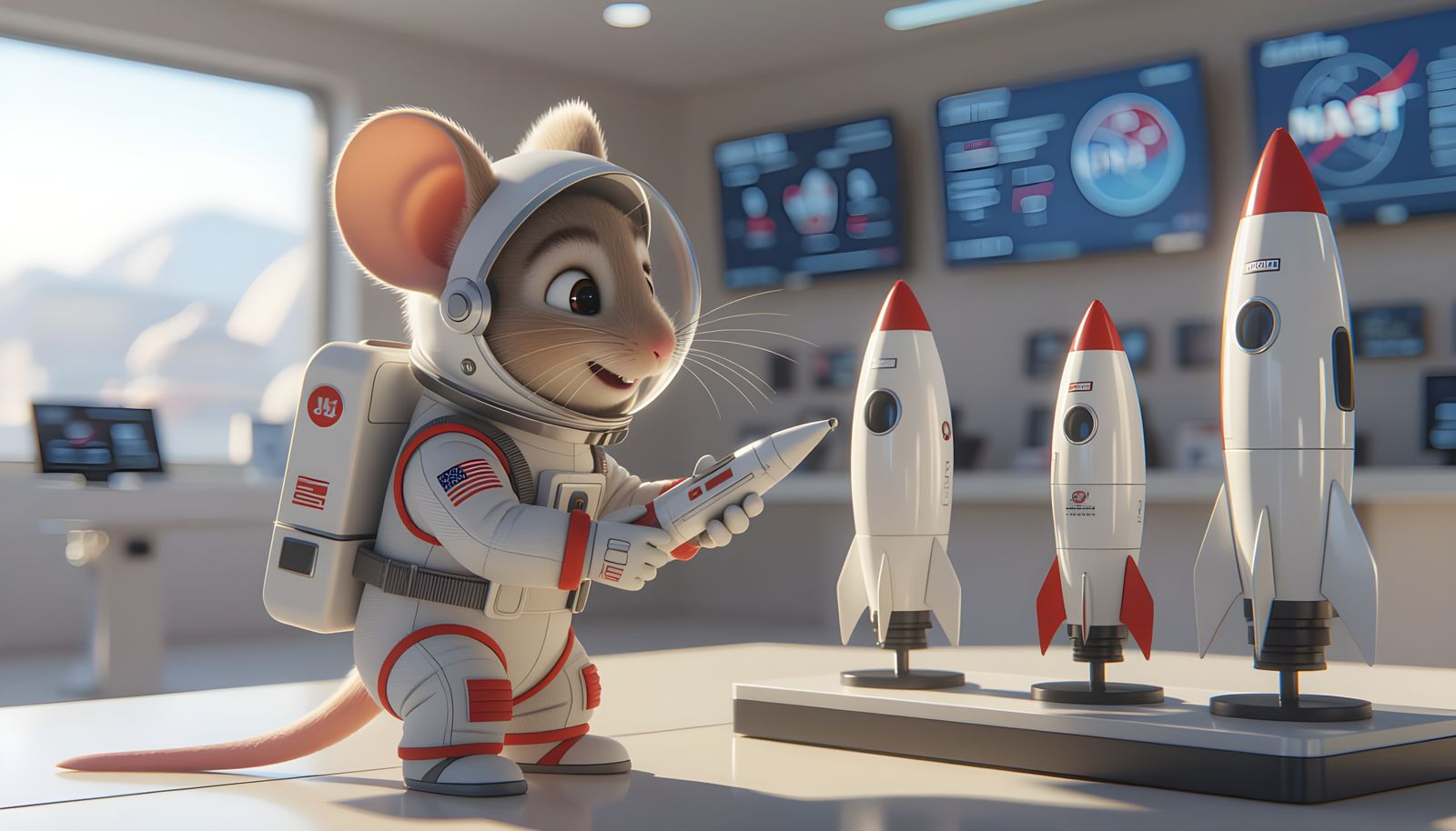 Mouse Astronaut Chooses Rocket in Cartoon Style