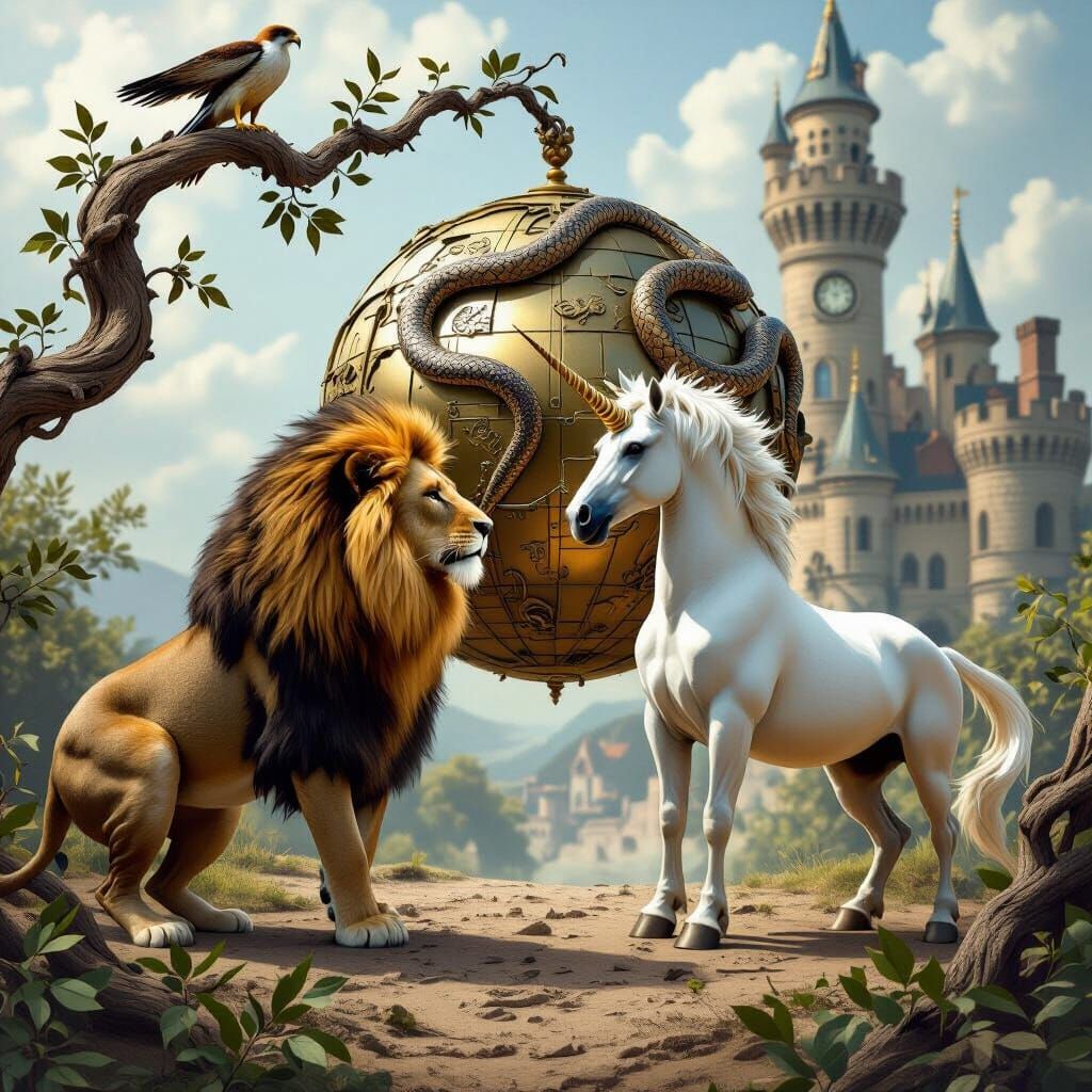 Lion and Unicorn Battle with Clockwork Castle