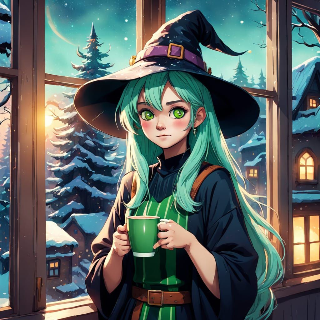 Pastel-Haired Woman Witch Stares Out at Winter Cityscape wit...