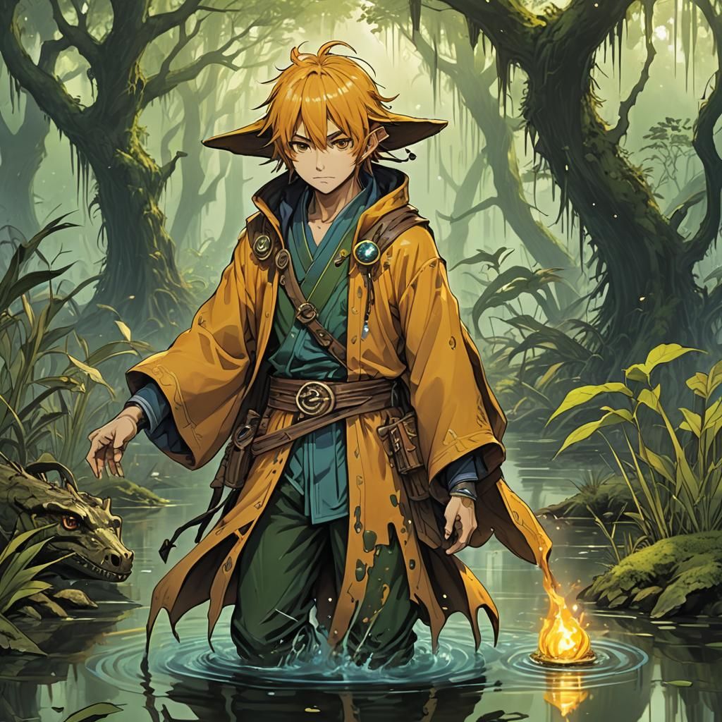 Anime Boy Sorcerer in Amber Marshes: 3D Art